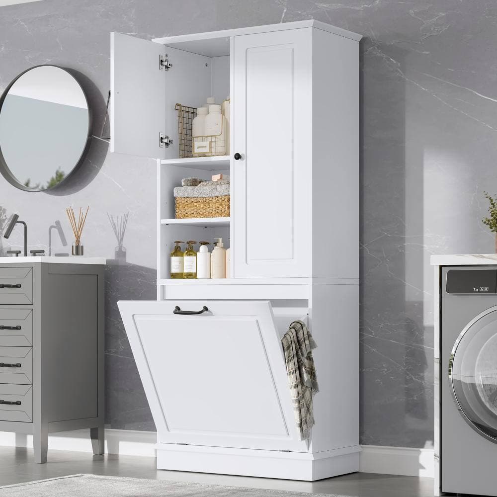 Nestfair 29.9 in. W x 14.2 in. D x 67.7 in. H White Linen Cabinet with Flip-Out Basket (2)