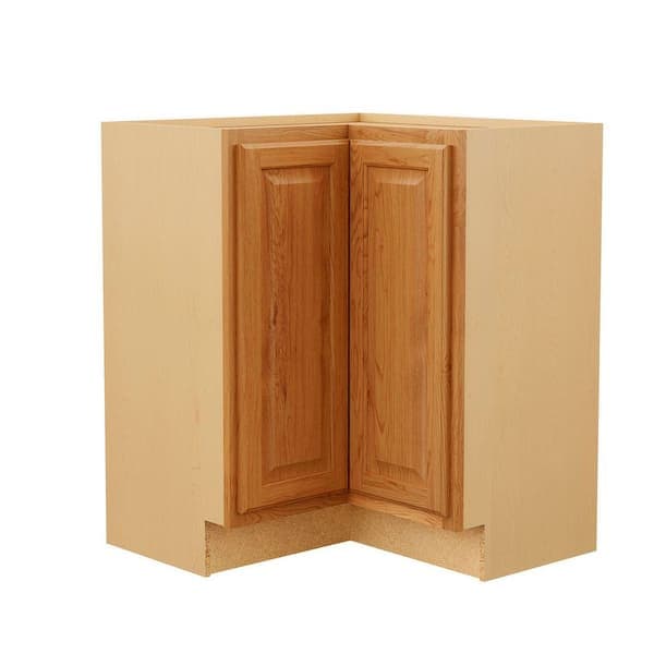 Hampton Bay Hampton 36 in. W x 16.5 in. D x 34.5 in. H Assembled Corner Lazy Susan Base Kitchen Cabinet in Medium Oak (2)
