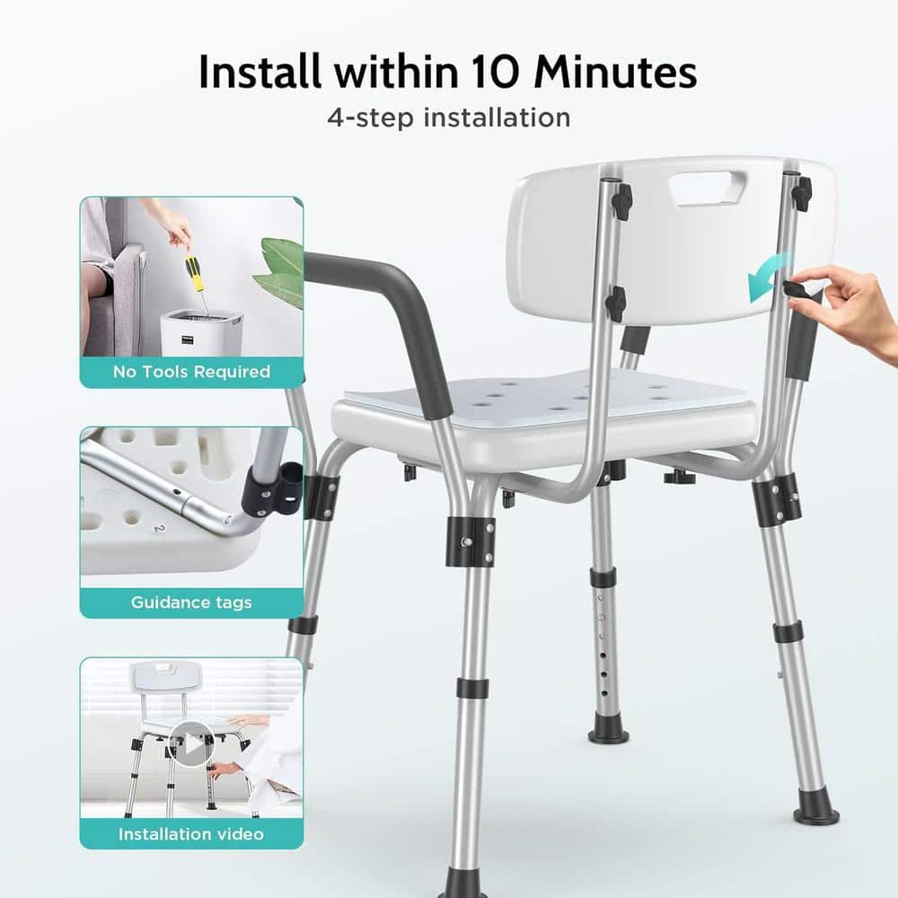 Adrinfly 20.5 in. Aluminum Shower Chair for Elderly and Disabled with Arms, Back and 6 Adjustable Height in White (3)