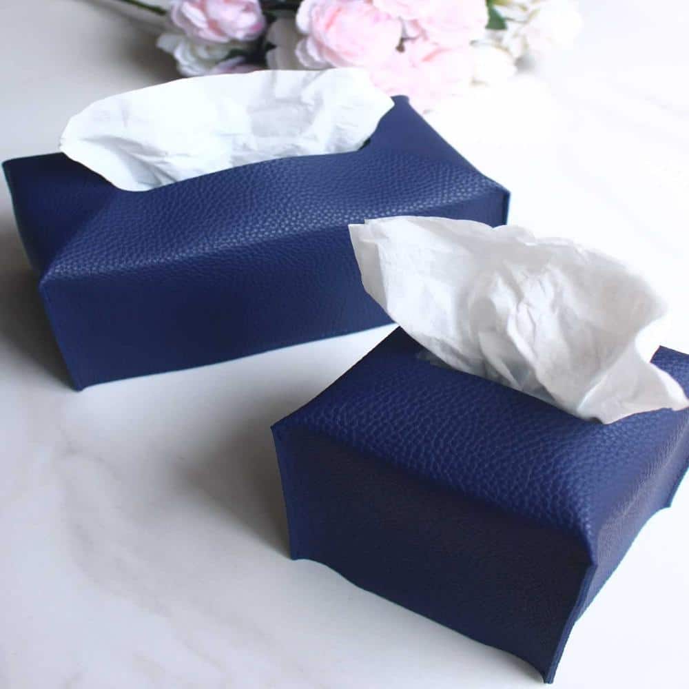 Unbranded Square Leather Tissue Box Cover for 5x5x5 in Tissue Boxes Navy Blue Bottom Belt Decorative Cube Holder (3)