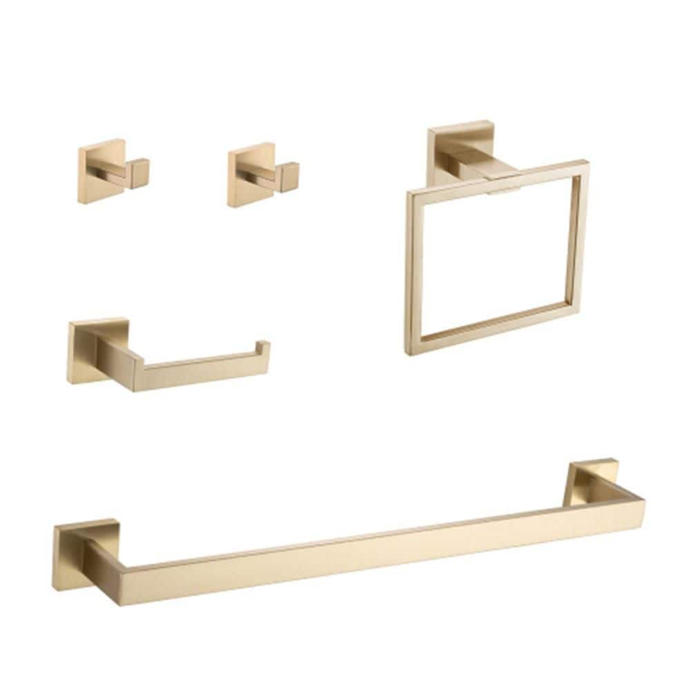 Adrinfly 5-Piece Bathroom Hardware Set with Towel Bar, Ring, Hook, Holder and Paper Rack for Home Decor in Brushed Gold (1)