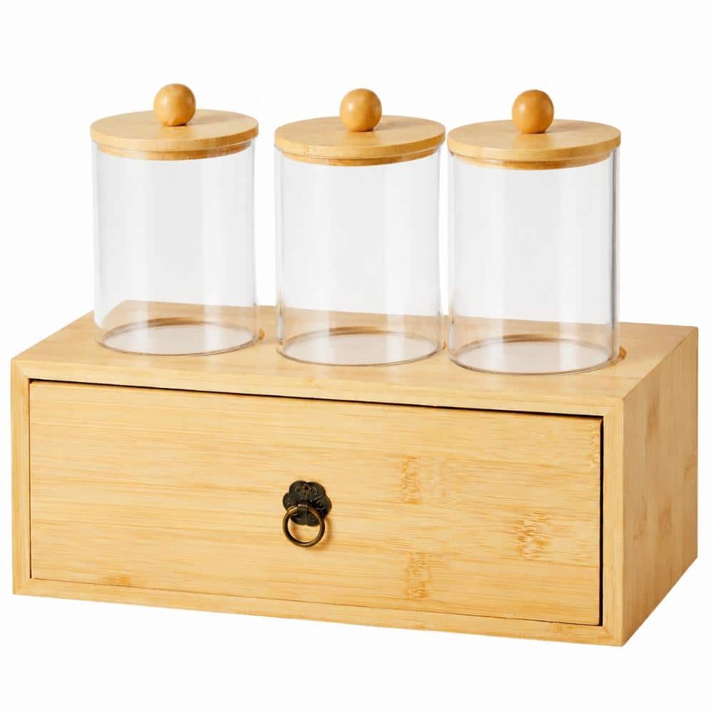 Unbranded 3 Pack Qtip and Cotton Ball Holder Set with Tray Drawer, Acrylic Jars and Bamboo Tray for Bath Storage (1)