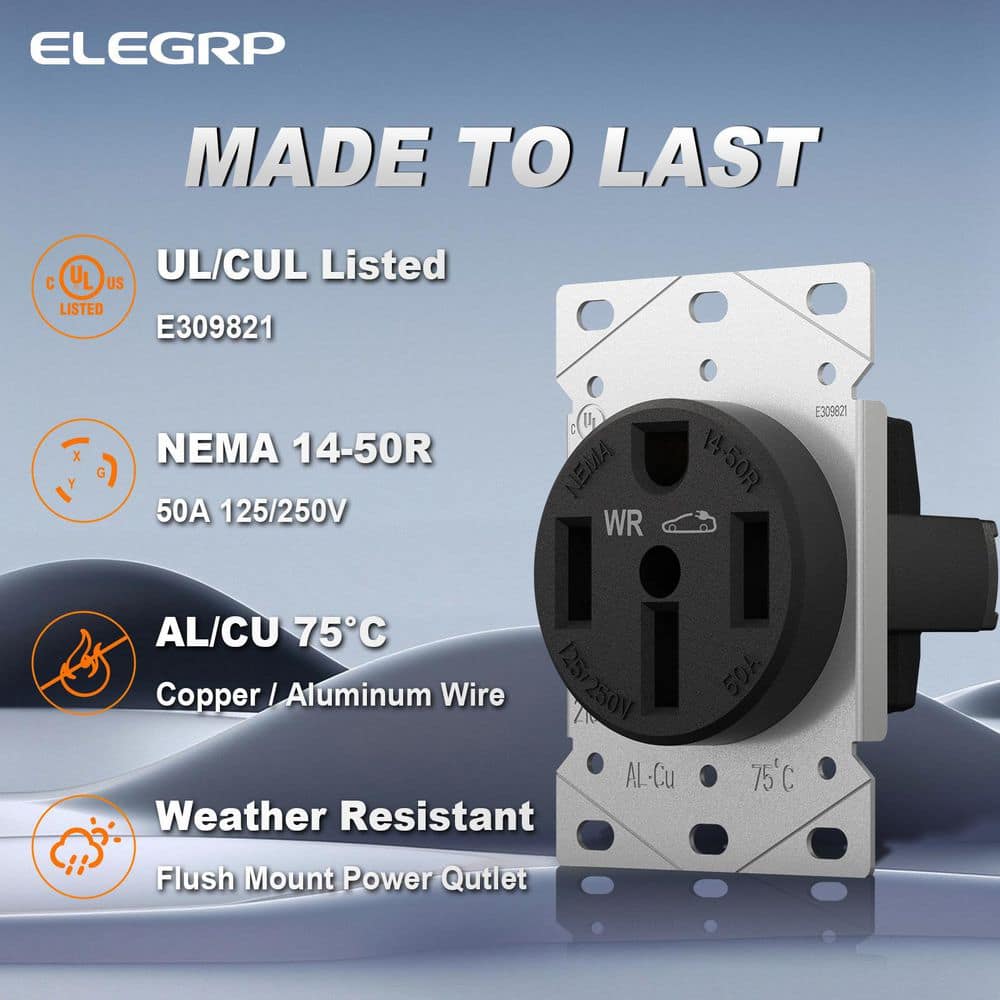 ELEGRP 50 Amp 125/250 V NEMA 14-50R EV Charger Weather Resistant Electric Vehicle Outlet UL Listed, Black 1-Piece (3)