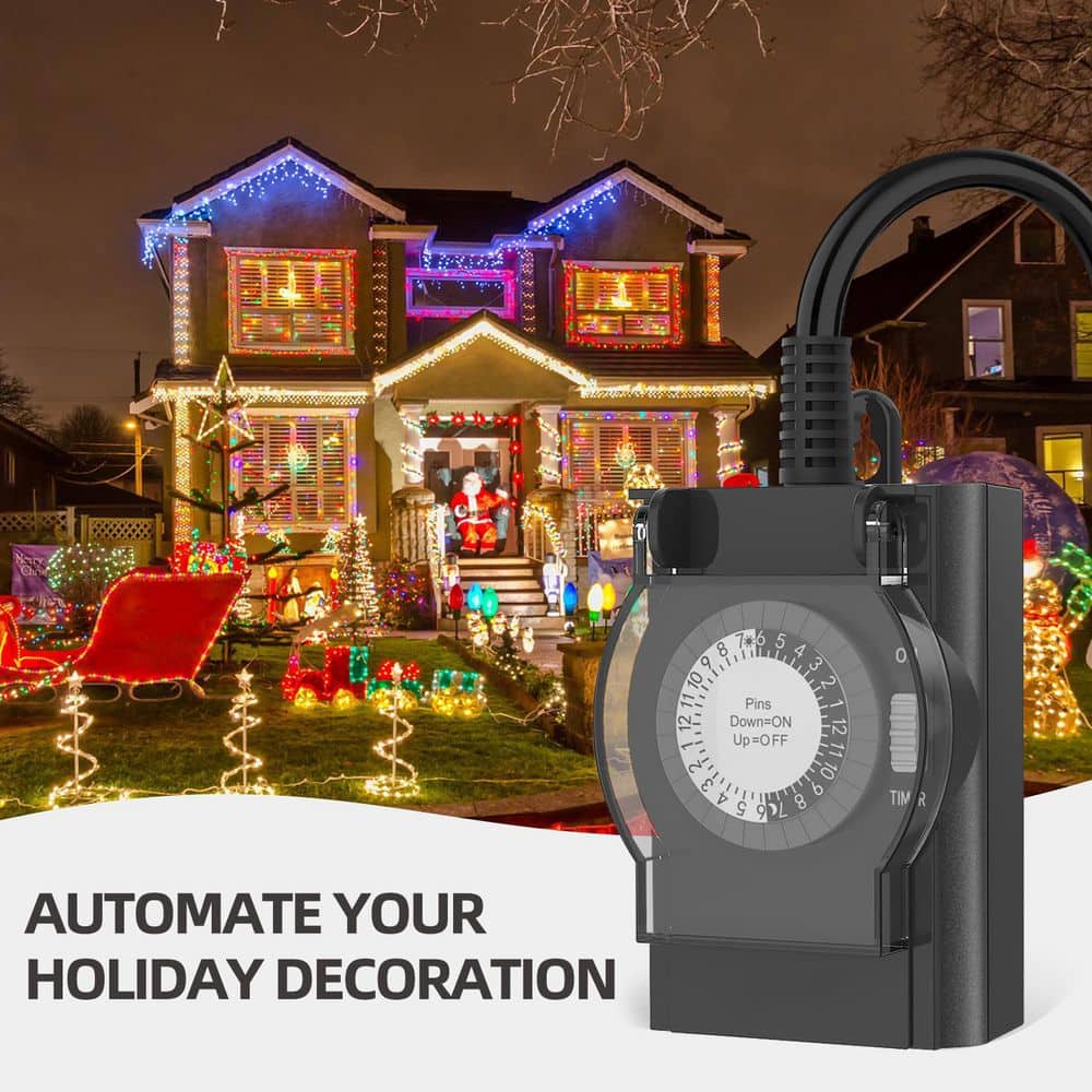 Yichuhaoxi 15 Amp 120 Volt 1440 min Outdoor 2 Grounded Outlets Mechanical Timer Black for Home and Garden Chronologic (3)