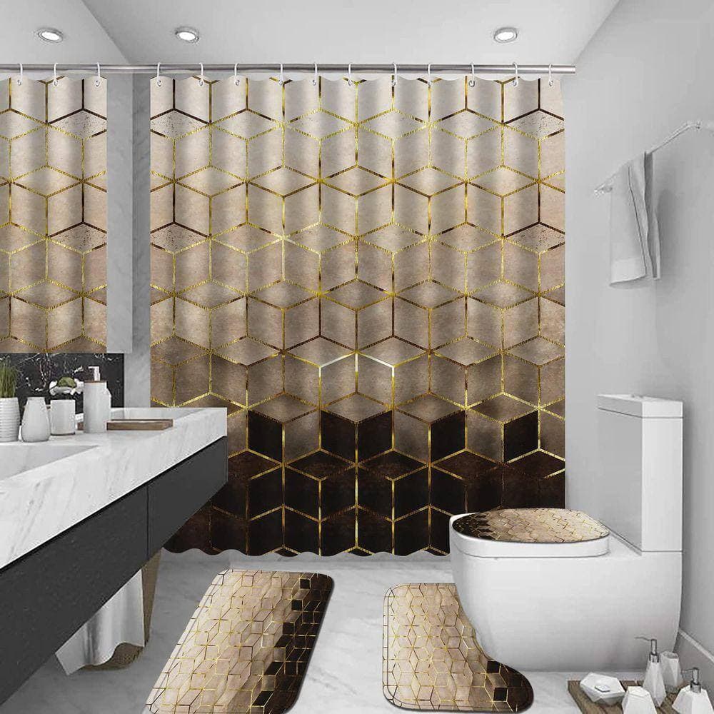 Unbranded 70.8 in. W x 70.8 in. L Polyester Shower Curtain Set Modern Geometric Brown Gradient Golden Cubic Lines Art Mat (3)