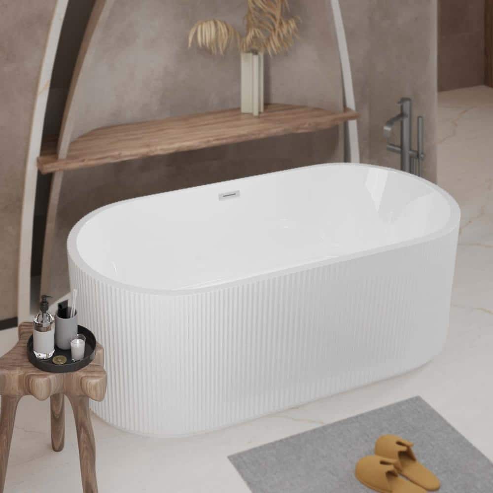 INSEEDE SORA 59 in. Linear Spa-Like Freestanding Soaking Tub, Gloss White Acrylic with Overflow & Pop-Up Chrome Drain (1)