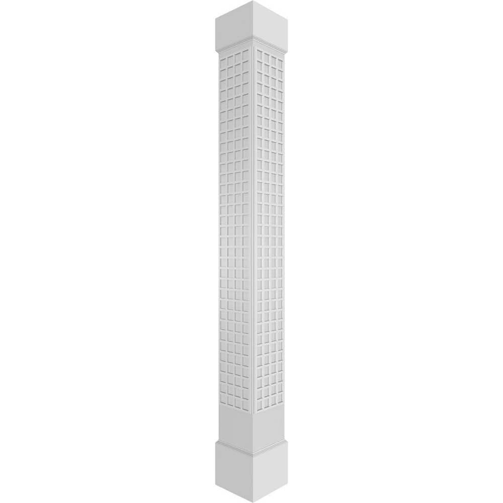 Ekena Millwork 7-5/8 in. x 8 ft. Premium Square Non-Tapered Manchester Fretwork PVC Column Wrap Kit with Standard Capital and Base (1)