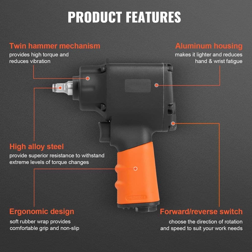 SKYSHALO Air Impact Wrench, 3/8 in. Drive Air Impact Gun, Up to 690 ft. lbs. Nut-busting Torque, Lightweight Impact Wrench (3)