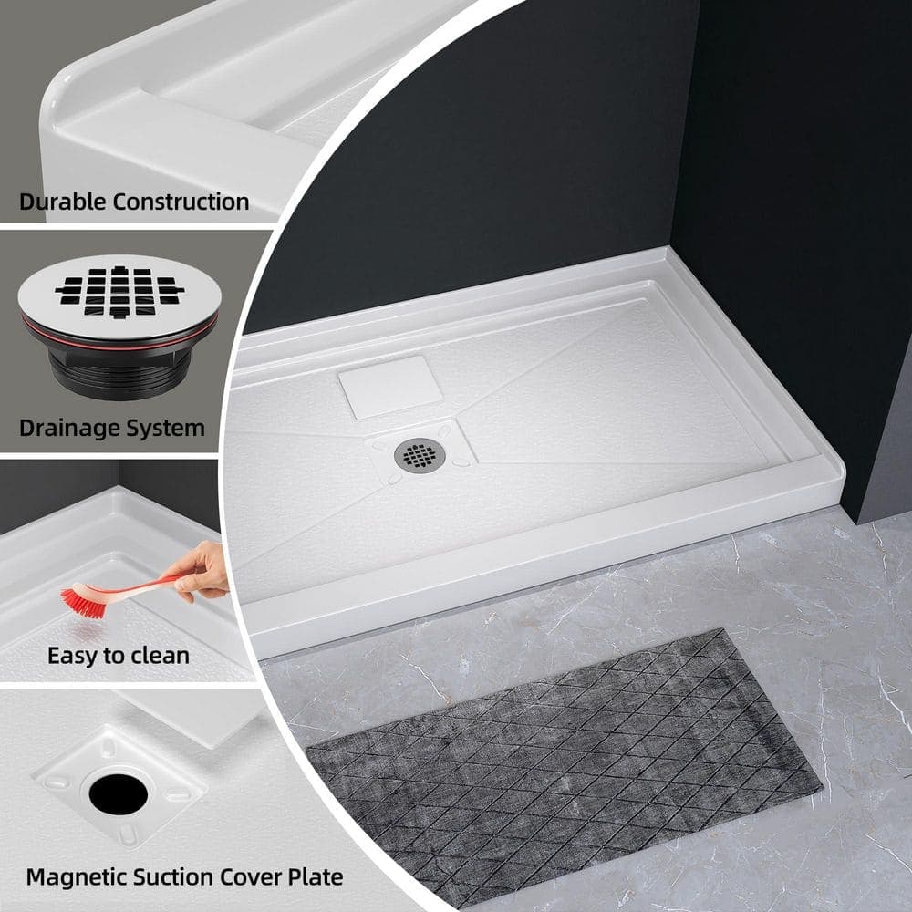 Zeafive Nip 60 in. L x 32 in. W Single Threshold Alcove Shower Pan Base w/Center Drain and Cover in White Acrylic Non-Slip Tray (2)