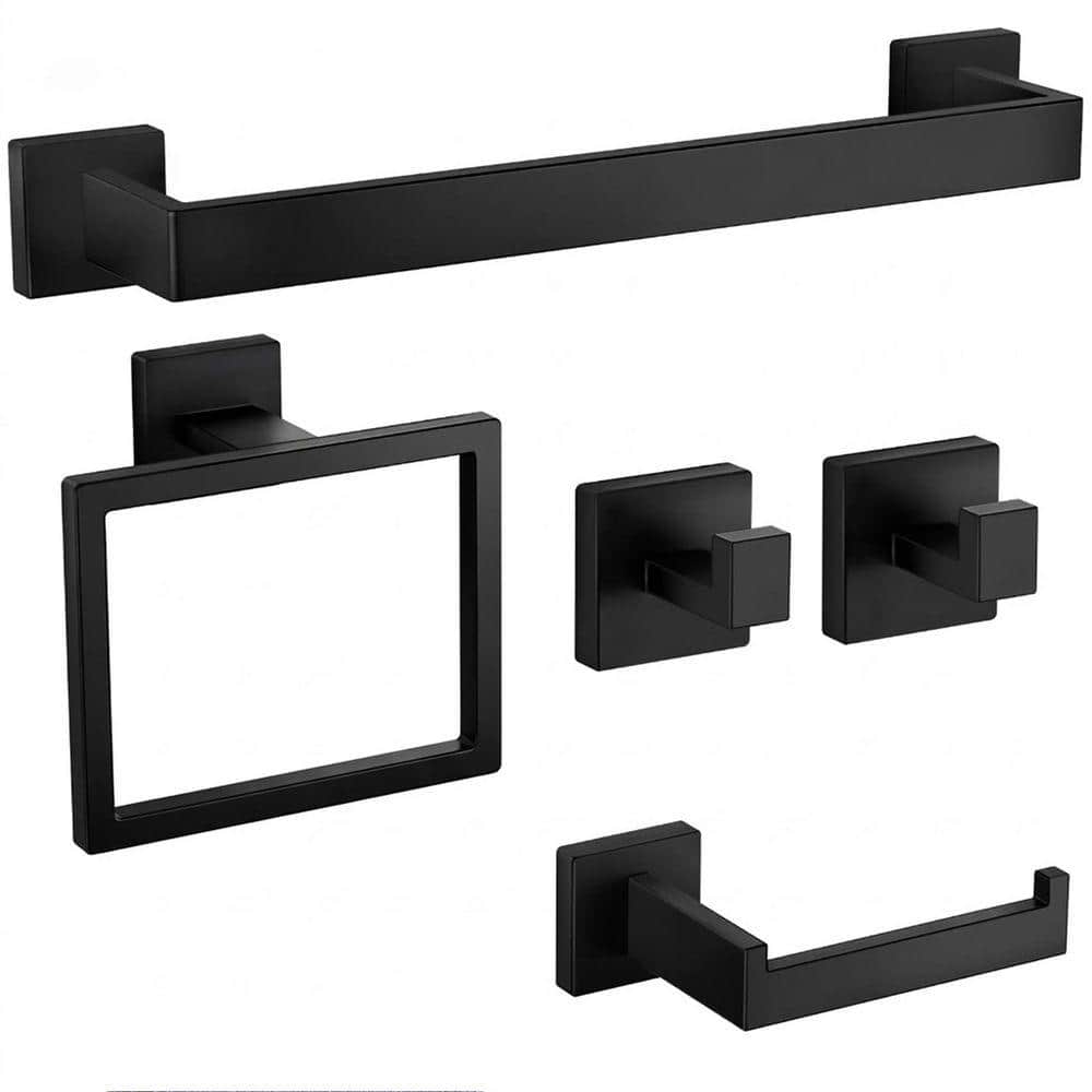 JFVKAF 5-Piece Bathroom Hardware Set with Towel Bar, Towel Ring, Toilet Paper Holder, Hooks in Matte Black (1)