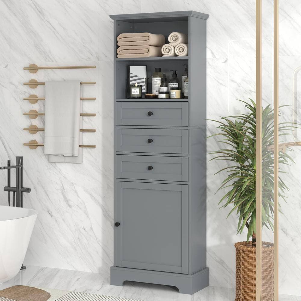 Unbranded 22 in. W x 10 in. D x 67.3 in. H Gray Linen Cabinet with 3 Drawers and Adjustable Shelves (2)