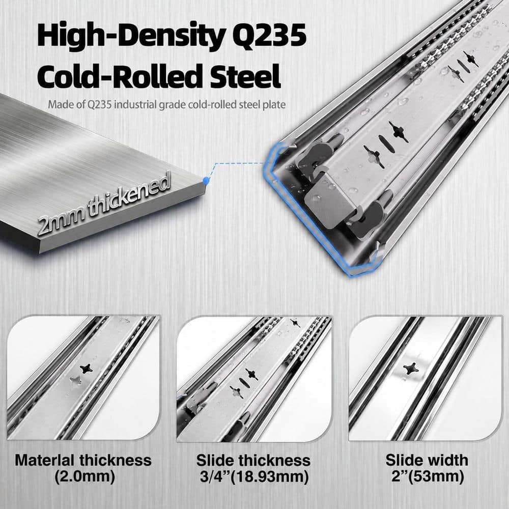 LAIFUCAM 53mm Width 16 in. Galvanized Steel Undermount Soft-Close Heavy Duty Full Extension Drawer Slides Ball Bearing 1 Pair (2)