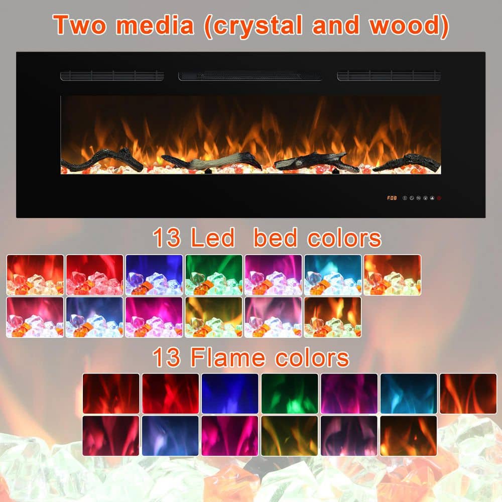 Delandgrand 100 in. Electric Fireplaces Inserts Recessed and Wall-Mounted Fireplace with Thermostat, 13-Flame Colors, 1500W, Black (3)