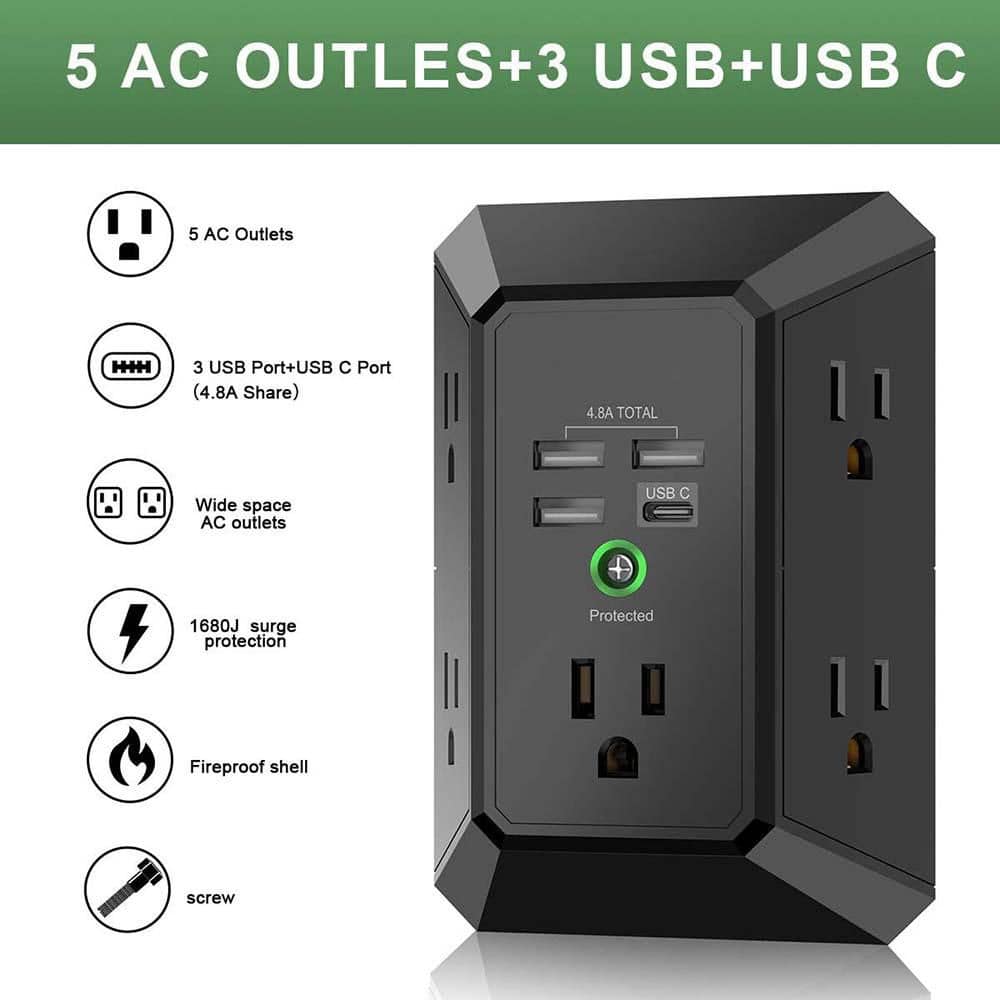 Yichuhaoxi 5-Outlet Wall Charger with 4 USB-A Ports 1 USB-C Port Surge Protector 3-Sided 1680J Multi Plug Adapter Black (2)