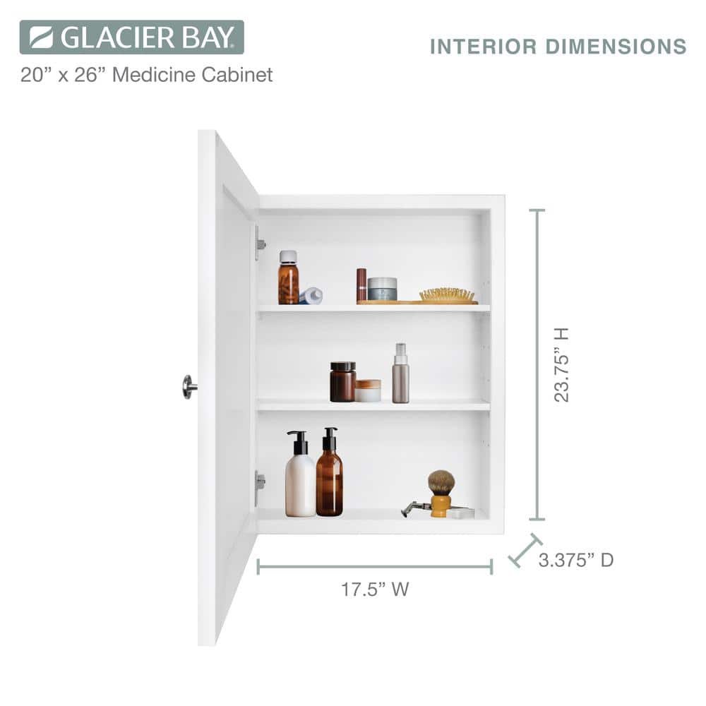 Glacier Bay 20 in. W x 26 in. H Rectangular Framed Recessed or Surface-Mount Bathroom Medicine Cabinet with Mirror, White (4)