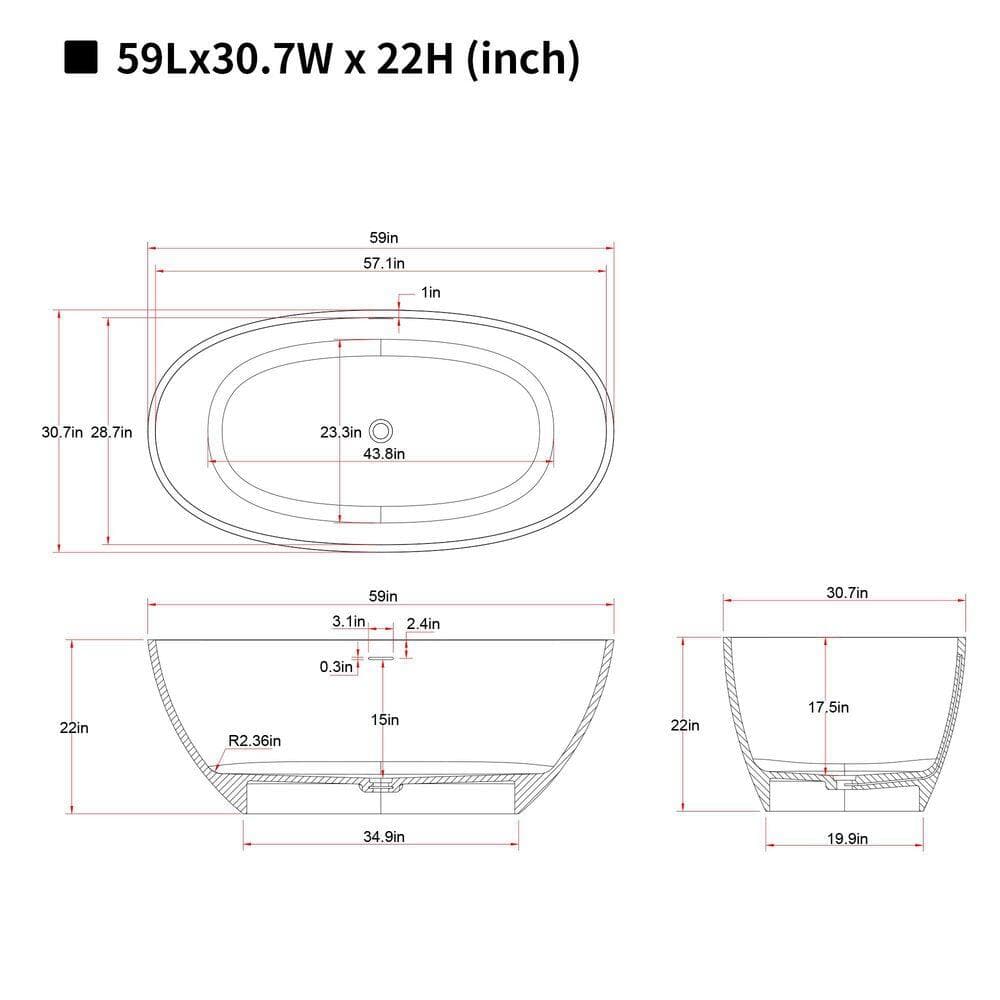 LIVACA 59 in. x 30.7 in. Solid Surface Freestanding Soaking Bathtub with Center Drain in Cream/Grey (2)