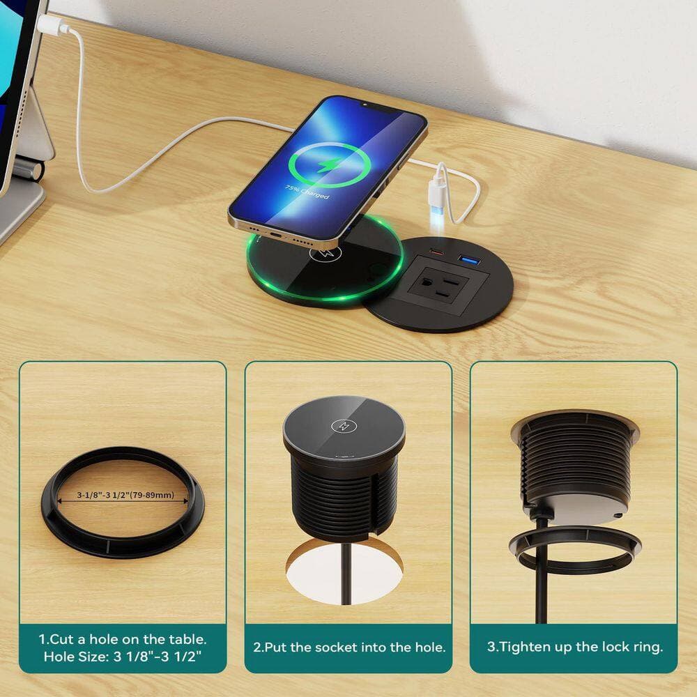 OBJLGEV 6 ft. 1-Outlet 1-Ports USB-A 1-Ports USB-C Desk Power Grommet with 15-Watt Wireless Charger and Extension Cord (2)
