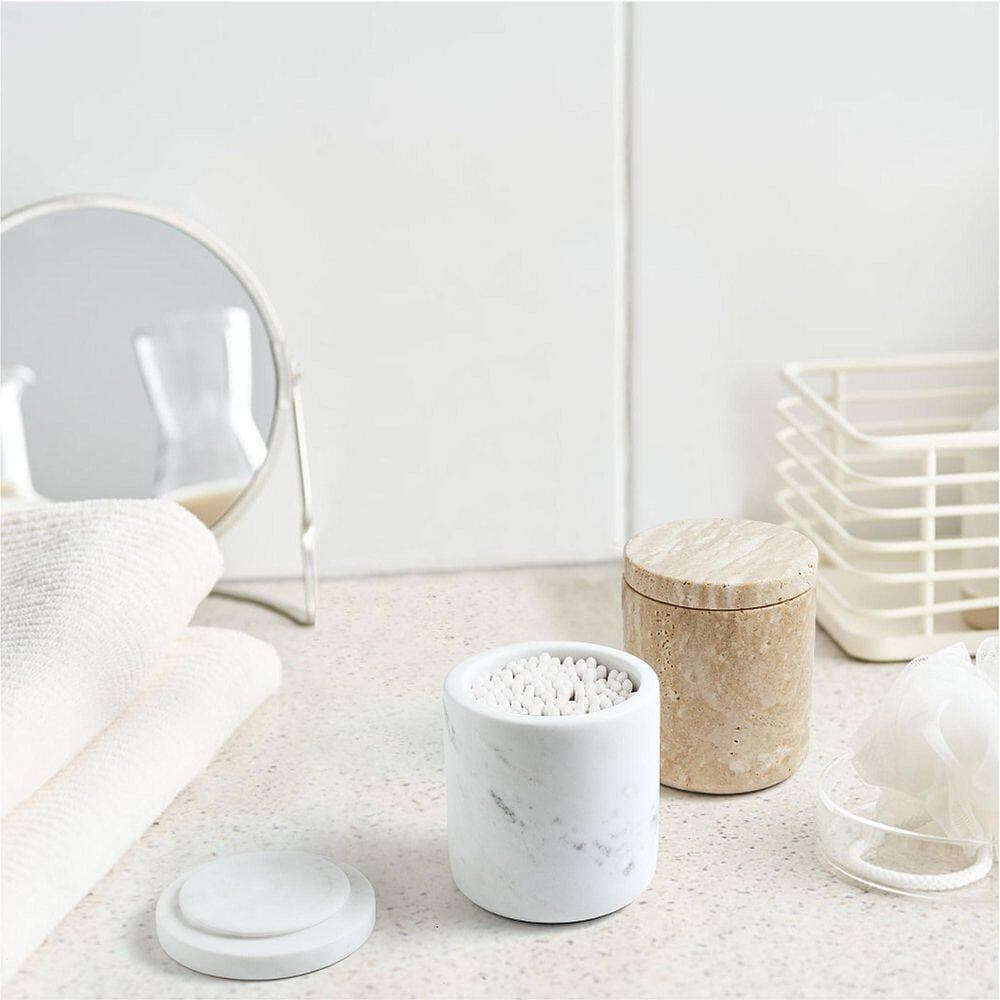 KHKFY Travertine Marble Cotton Swab and Ball Holder with Lid 3.7 x 4.5 in Large Capacity Vanity Organizer Qtip (2)