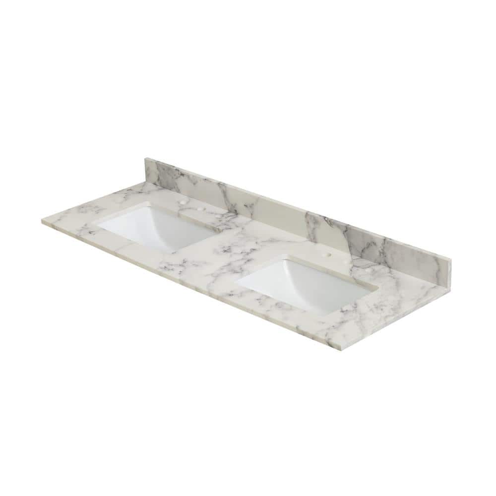 Home Decorators Collection 61 in. W 22 in D Engineered Stone White Rectangular Double Sink Vanity Top Calcutta White (3)