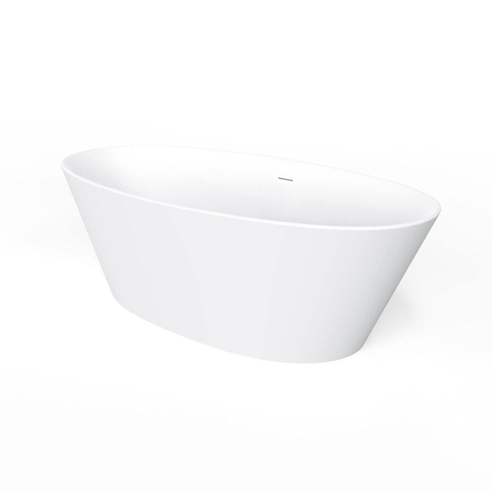 VANITYFUS 66.9 in. x 33.5 in. Solid Surface Soaking Freestanding Soaking Bathtub with Center Drain in Matte White (3)