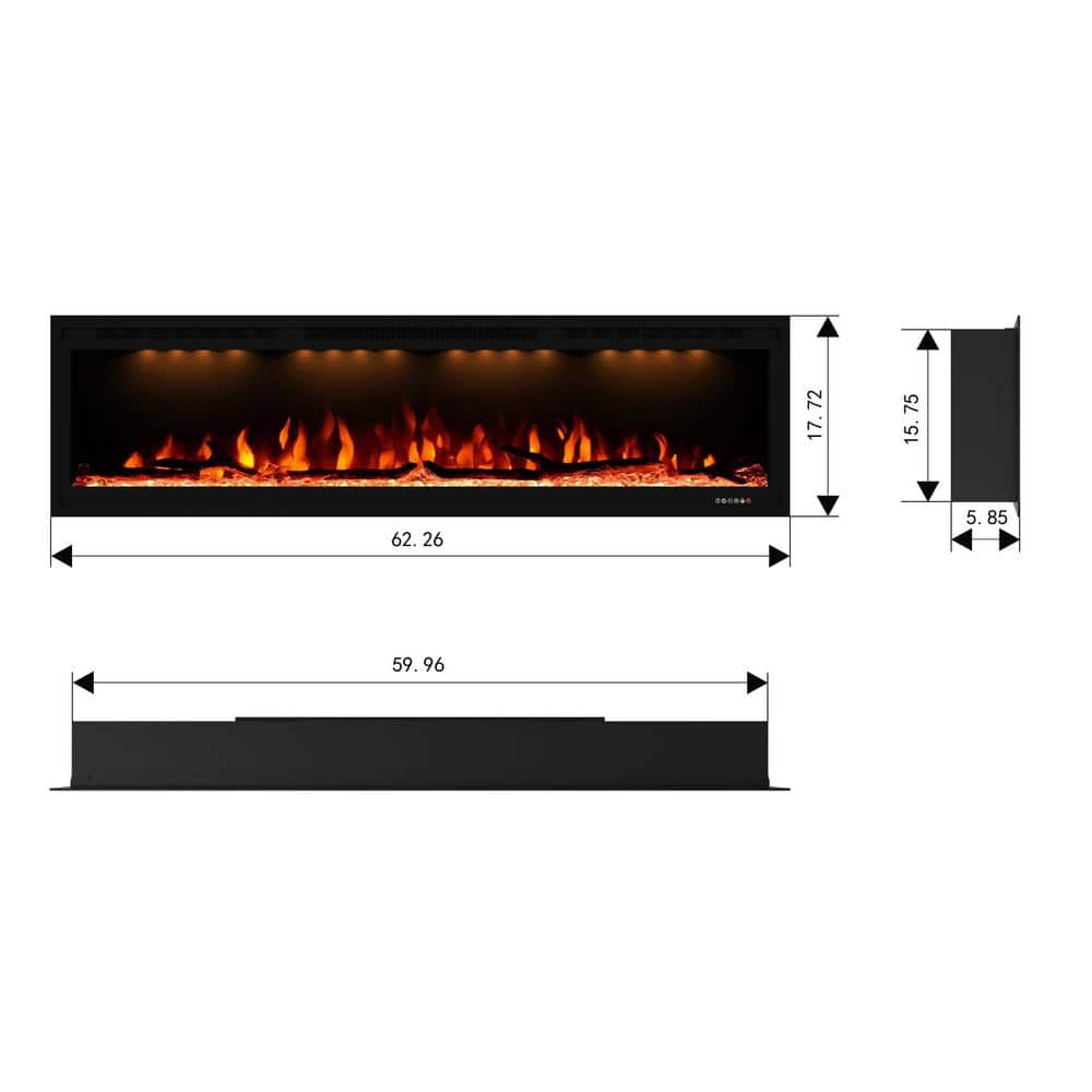Clihome 60 in. LED Electric Wall-Mounted and Recessed Installation Fireplace Insert with Remote Control (2)