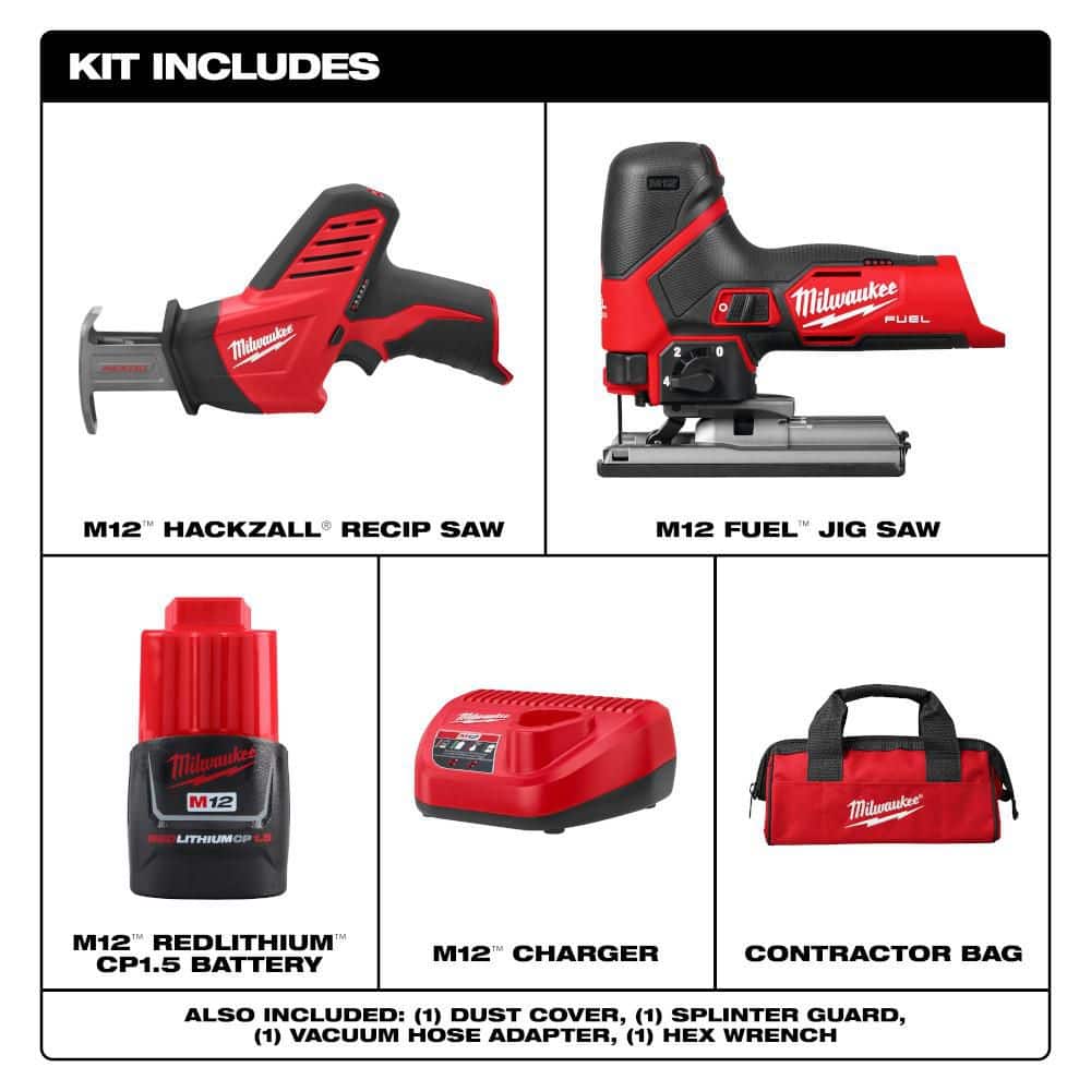 Milwaukee M12 12V Lithium-Ion HACKZALL Cordless Reciprocating Saw Kit with One 1. 5Ah Battery, Charger & Jig Saw (2)