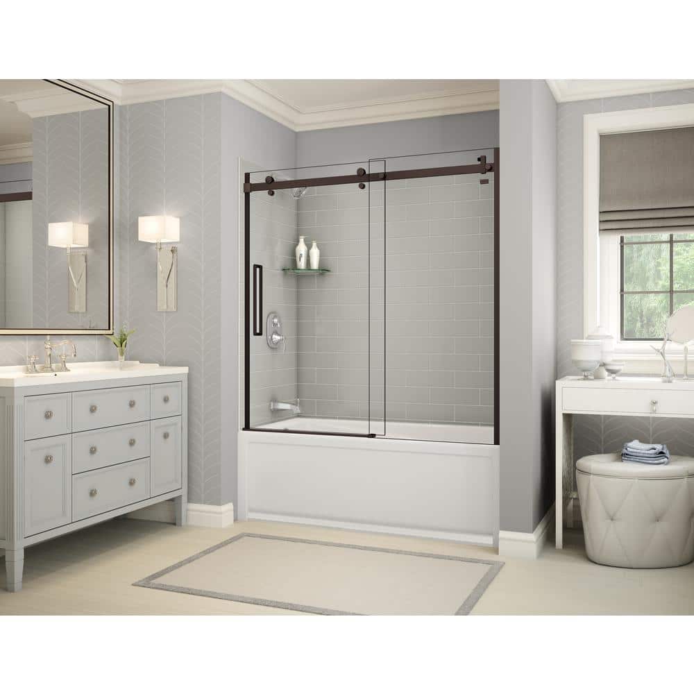 MAAX Utile Metro 32 in. x 60 in. x 81 in. Bath and Shower Combo in Soft Grey with New Town Left Drain, Halo Door Dark Bronze (1)