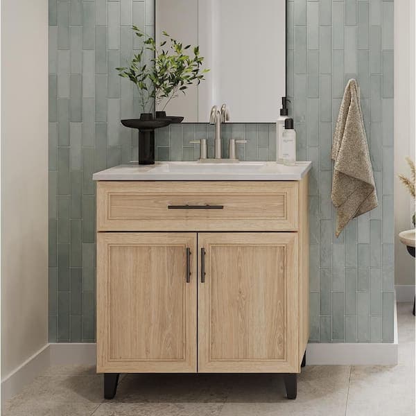 Glacier Bay Cranwood 31 in. Single Sink Freestanding Sandstone Bathroom Vanity with White Cultured Marble Top (Assembled)