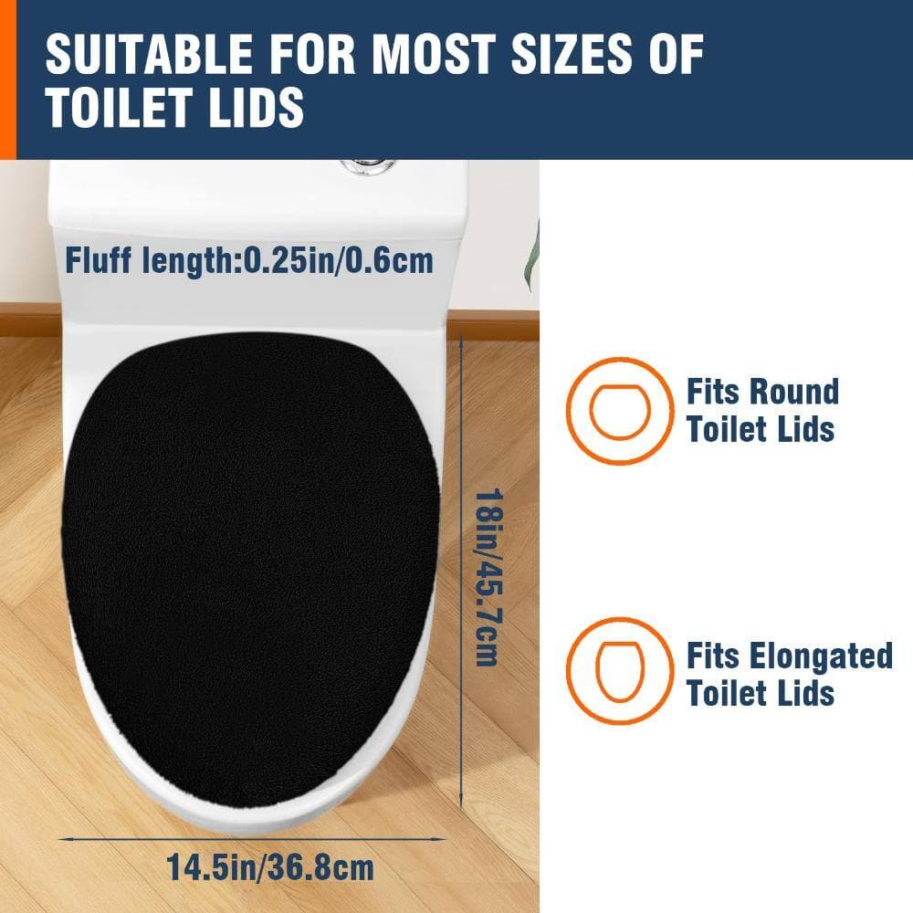 Unbranded Soft Plush Toilet Lid Cover Machine Washable Elastic Fit for Round Elongated Oblong Toilets in Black (2)
