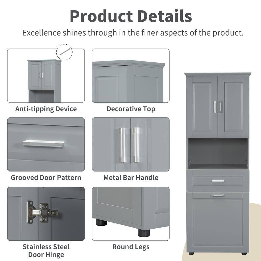Unbranded 24.72 in. W x 16.29 in. D x 69.92 in. H Gray Linen Cabinet Bathroom Storage Cabinet with Laundry Basket and Storage (3)