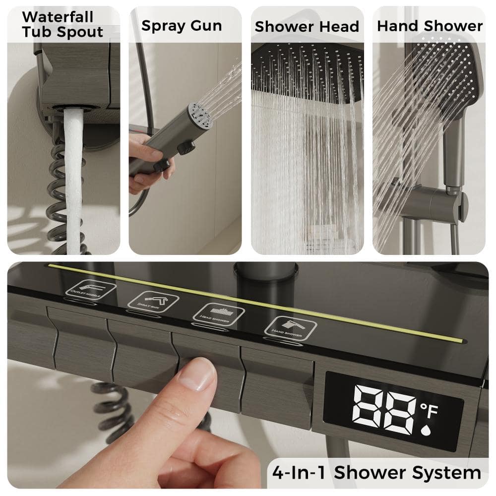 FUFU&GAGA 3-Spray Shower Faucet 2.5 GPM with Button Control, LED Display, and 3-Mode Hand Shower in Gun Gray (3)