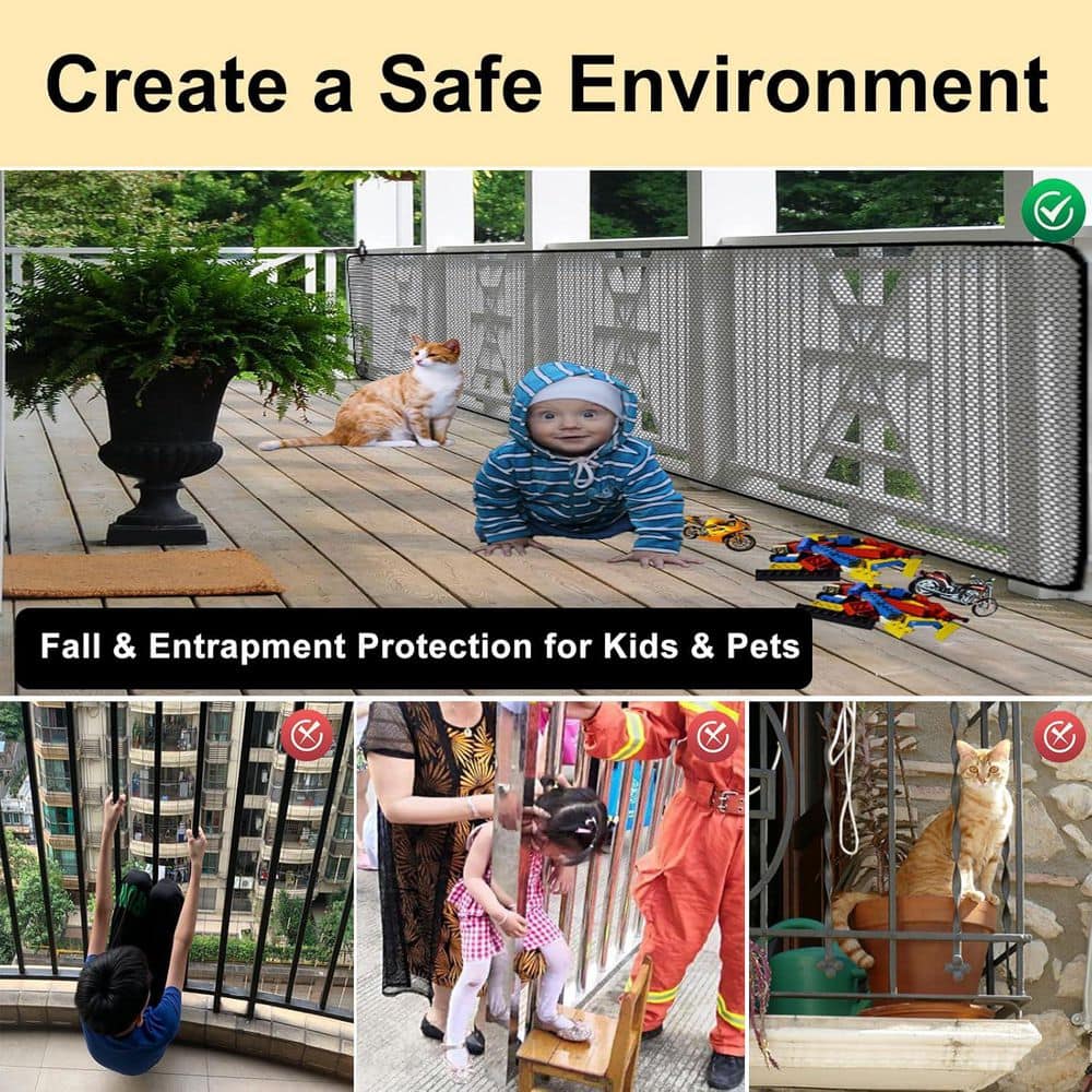 Afoxsos Balcony Safety Net 10 ft. x 3 ft. Thick Mesh Railing Guard for Kid Pet Black w/ Easy Installation & Customizable Design (3)