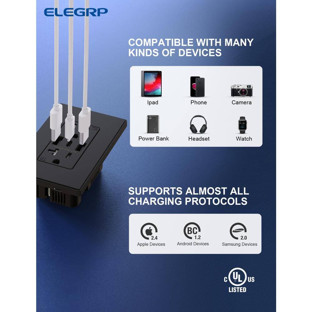 ELEGRP 21W USB Wall Outlet w/Dual Type A and Type C USB Ports, Tamper Resistant Outlet, w/Wall Plate (3)