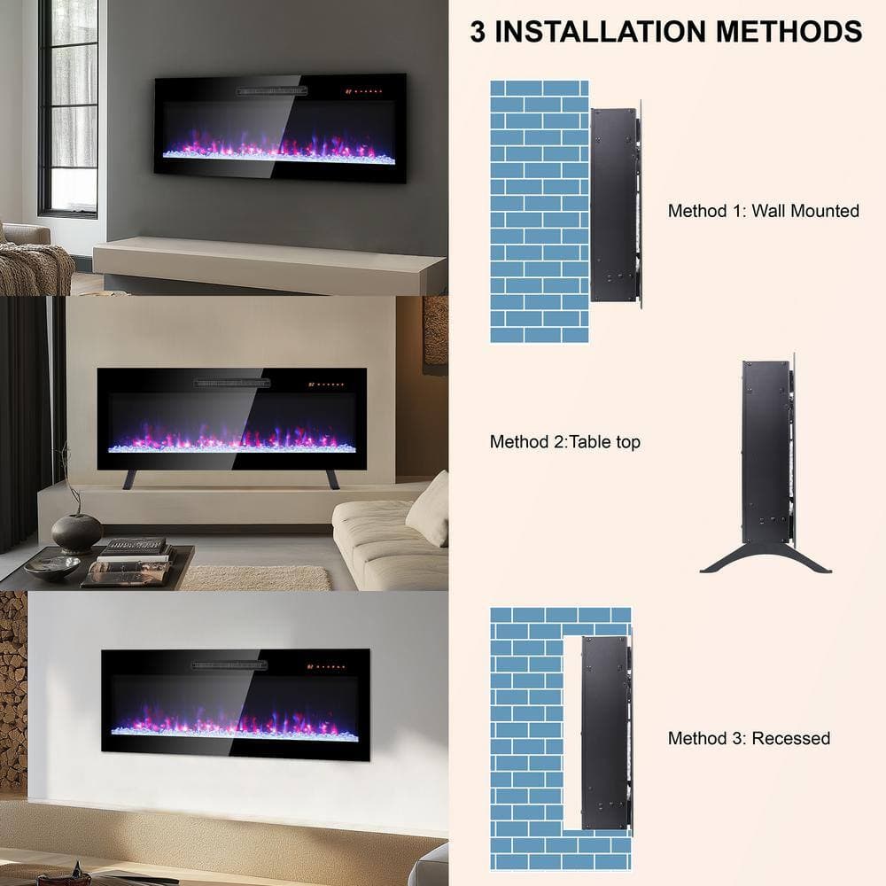 Velivi 36 in. Wall Mount/Recessed/Freestanding Electric Fireplace with Remote and Multi Color Flame in Black (3)