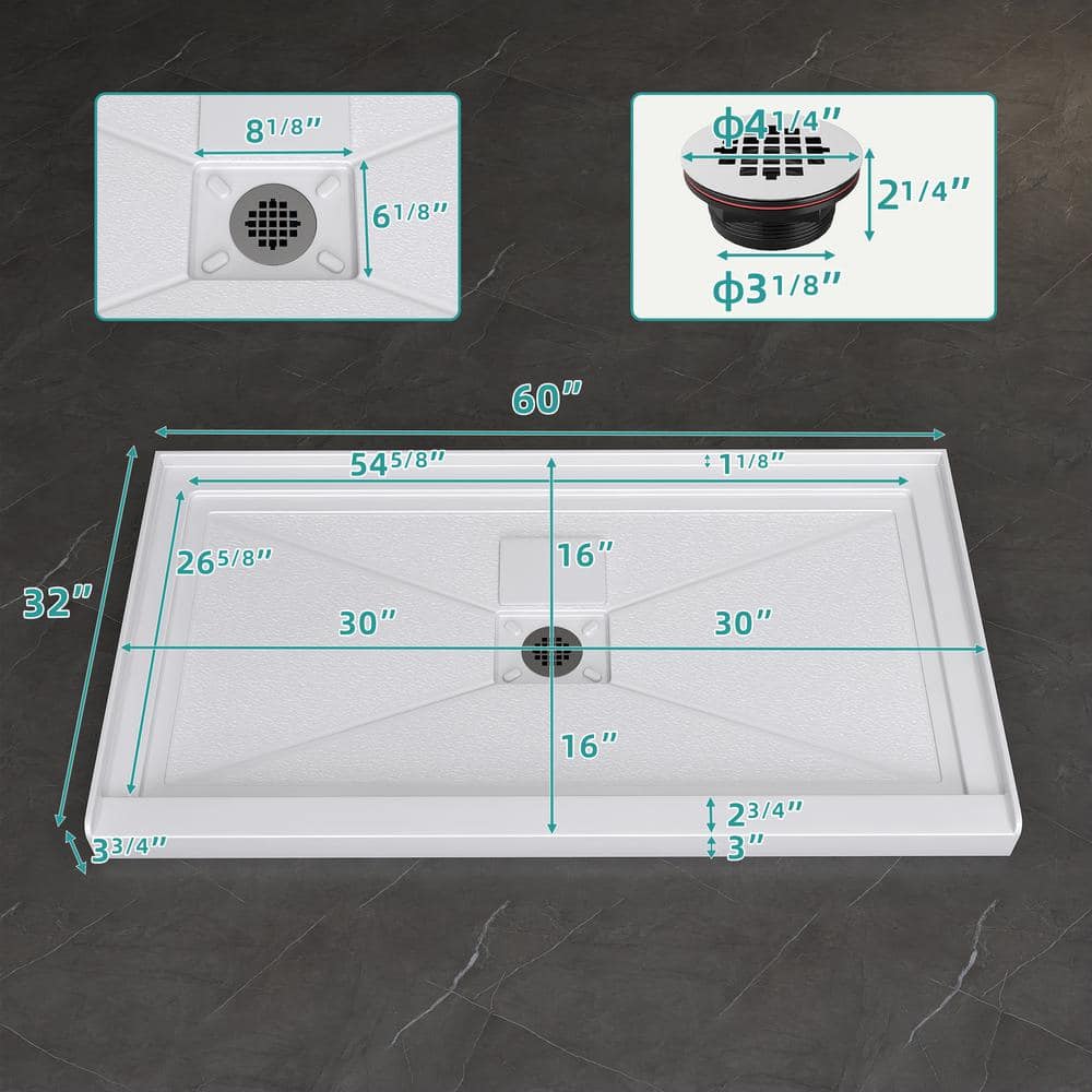 Getpro 60 in. L x 32 in. W Single Threshold Alcove Shower Pan Base in White Acrylic Bathroom Shower Tray with double Strainer (2)