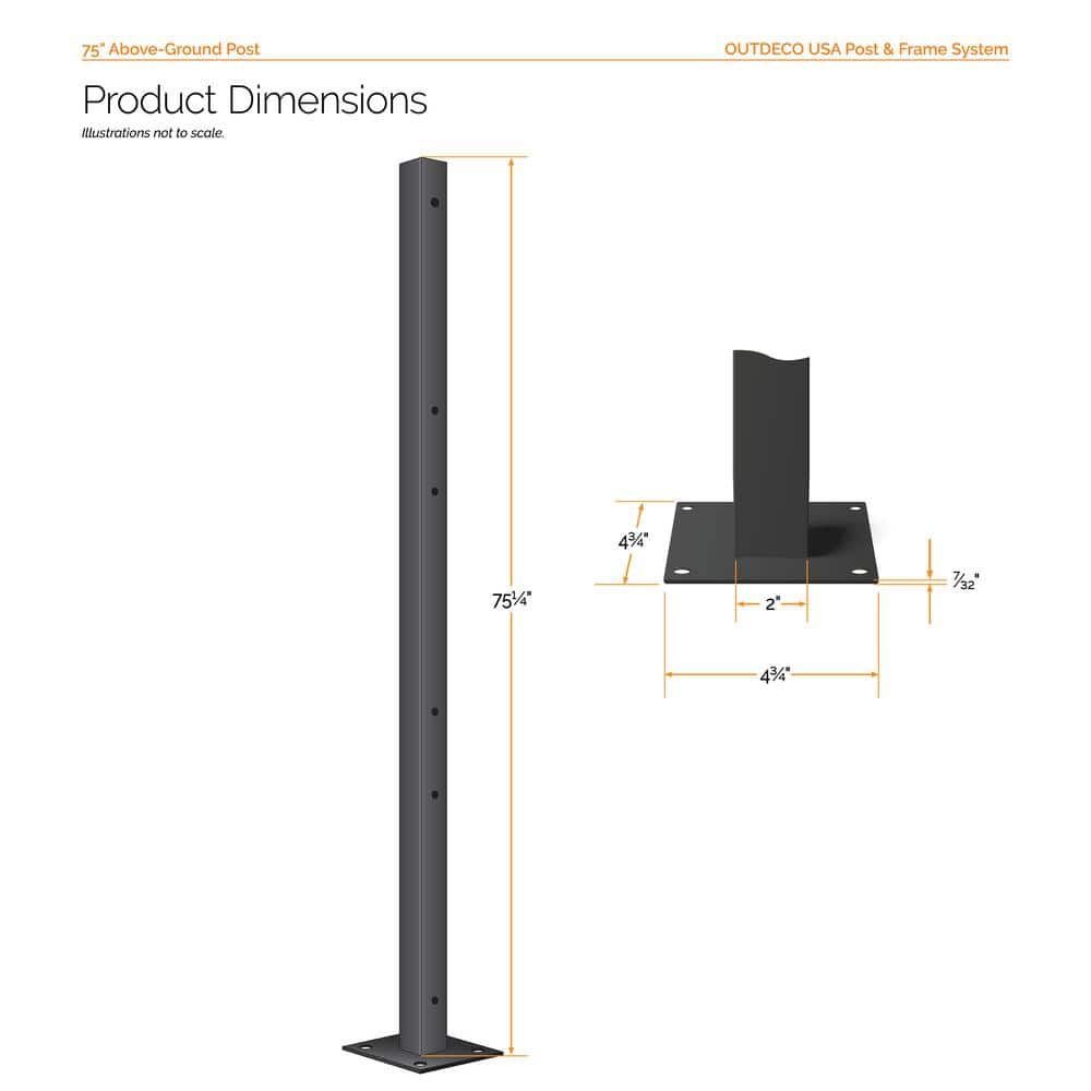 OUTDECO 75 in. x 2 in. x 2in. Black Galvanized Steel Fence Post and Welded Base Plate (Privacy Panels and Slat Fence Installs) (3)
