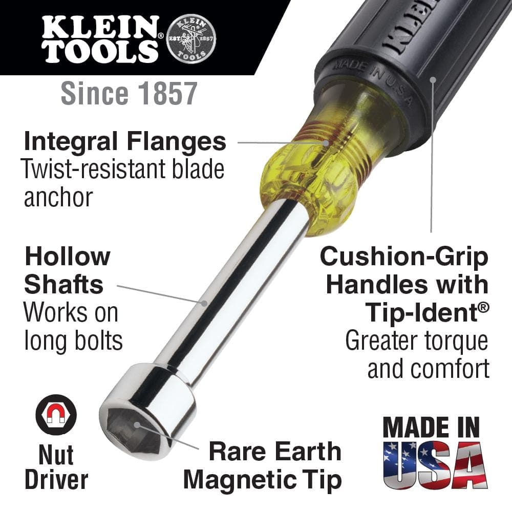 Klein Tools 1/4 in. Magnetic Tip Nut Driver with 1-1/2 in. Hollow Shaft - Cushion Grip Handle (2)