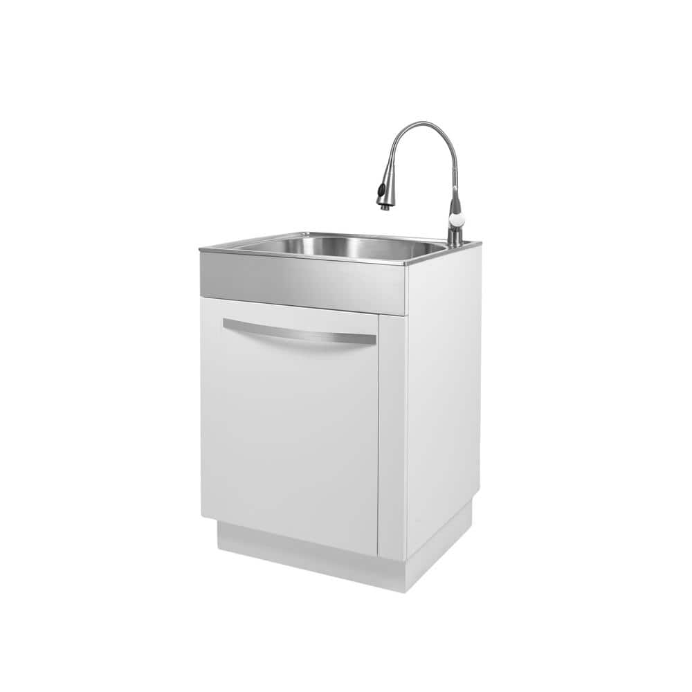 Glacier Bay 24 in. W x 21 in. D x 34 in. L Stainless Steel Apron-Front Laundry/Utility Sink with Faucet and Cabinet in White