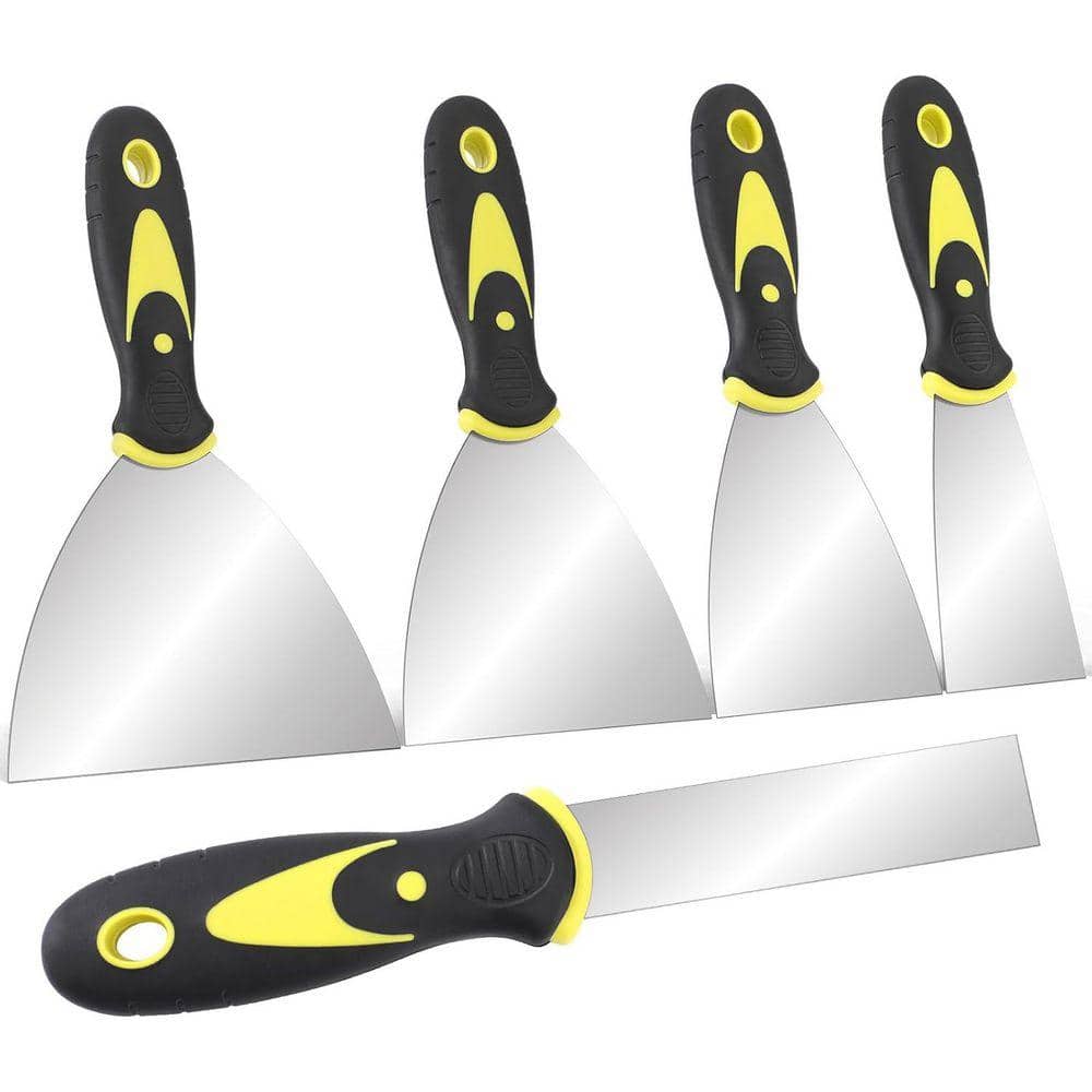 KIWDZFU 5 Piece Stainless Steel Putty Knife Set with Comfortable Grip for Drywall Repair, Wallpaper Removal, and More (1)