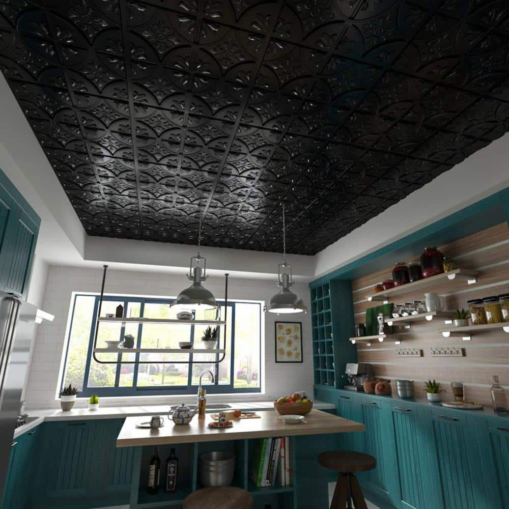 Art3dwallpanels Floral Design Black 2 ft. x 2 ft. Decorative Ceiling Wall Panel Lay in Glue Ceiling Tile (48 sq. ft./case) (2)