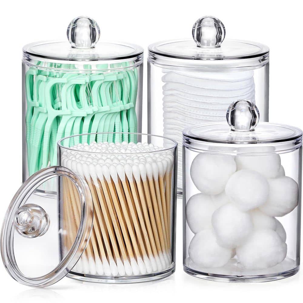 Esepony Acrylic Plastic Q-Tip Holder Dispenser for Multi-Use Storage, Bathroom Essentials and Vanity Organizing, Clear (4-Pack) (1)