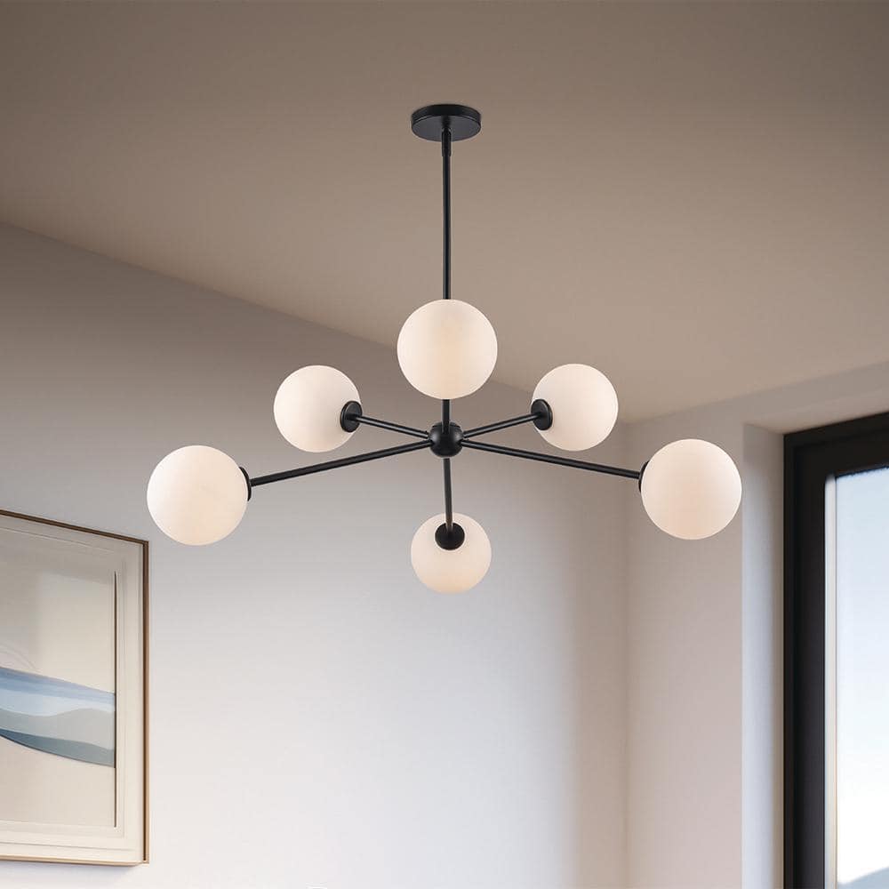 Hampton Bay 39 in. Avaline 6-Light Black Cluster Pendant Light with Glass Shades (2)