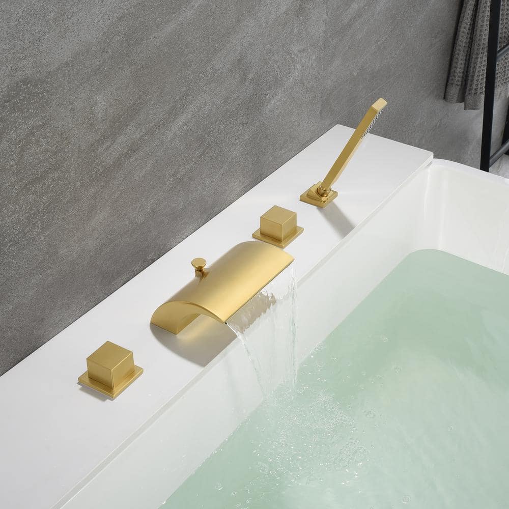 SUMERAIN Waterfall Double Handle Tub Deck Mount Roman Tub Faucet with Hand Shower in Brushed Gold (3)