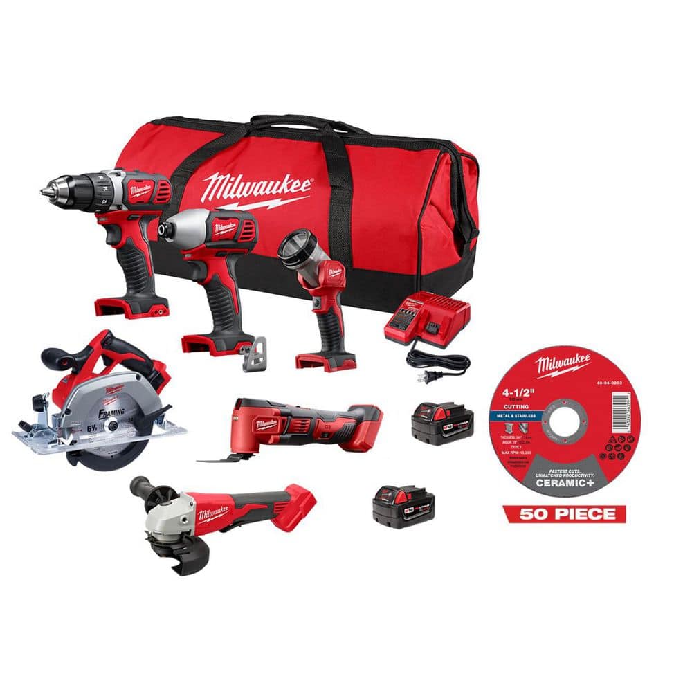 Milwaukee M18 18-Volt Cordless Combo Kit (6-Tool) with 2-Batteries, Charger w/ 50 4 1/2 in Ceramic + Metal Cutoff Wheel Type 1 (1)