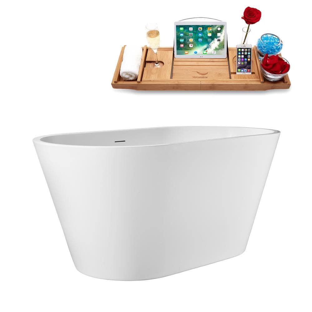 Streamline 51 in. x 28 in. Acrylic Freestanding Soaking Bathtub in Glossy White with Matte Black Drain, Bamboo Tray (2)