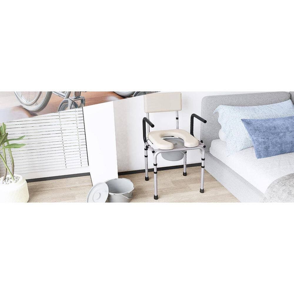 Wudkey 22.05 in. x 47.44 in. Bedside Commode Toilet Seat in Beige, 300 lb. Load, Commode Toilet with Padded Seat and Backrest (2)