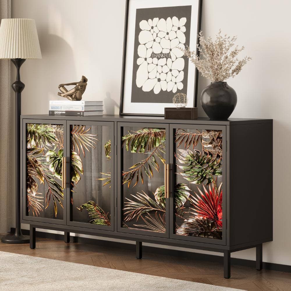 COWLOWN 60.4 in. W x 15.75 in. D x 32.05 in. H Black Linen Cabinet with 4 doors (2)