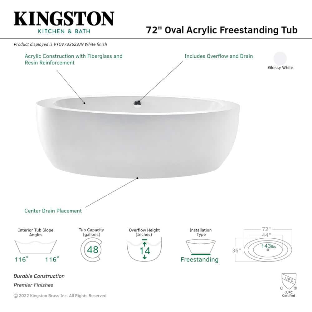 Kingston Brass Aqua Eden 72 in. x 36 in. Acrylic Freestanding Soaking Bathtub in White (3)