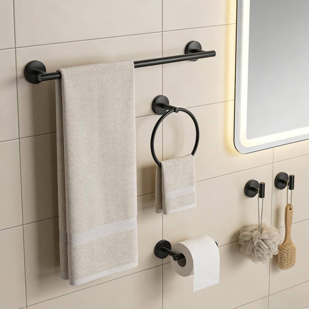 GQB 5-Piece Stainless Steel Bath Hardware Set in Matte Black with Towel Rack, Towel Hook, Toilet Paper Holder (3)