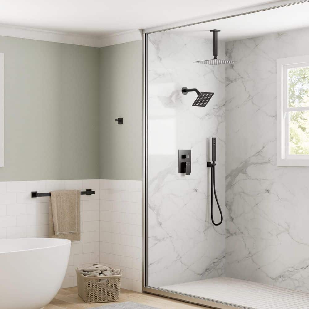 GRANDJOY Dual 3 in 1 3-Spray 10 and 6 in. Ceiling Mount Fixed and Handheld Shower Head 2.5 GPM in Matte Black Valve Included (2)